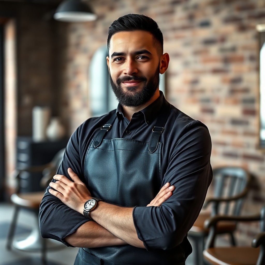 Porträt von Erdal Yılmaz, Gründer und Herrenfriseurmeister von COMBO Barber Berlin. Ein Mann Ende dreißig mit kurzem, gepflegtem dunklen Vollbart und Fade-Schnitt, schwarze Lederschürze über dunklem Hemd, steht mit verschränkten Armen vor der Ziegelwand seines Barbershops in der Oranienstraße 164, Kreuzberg.