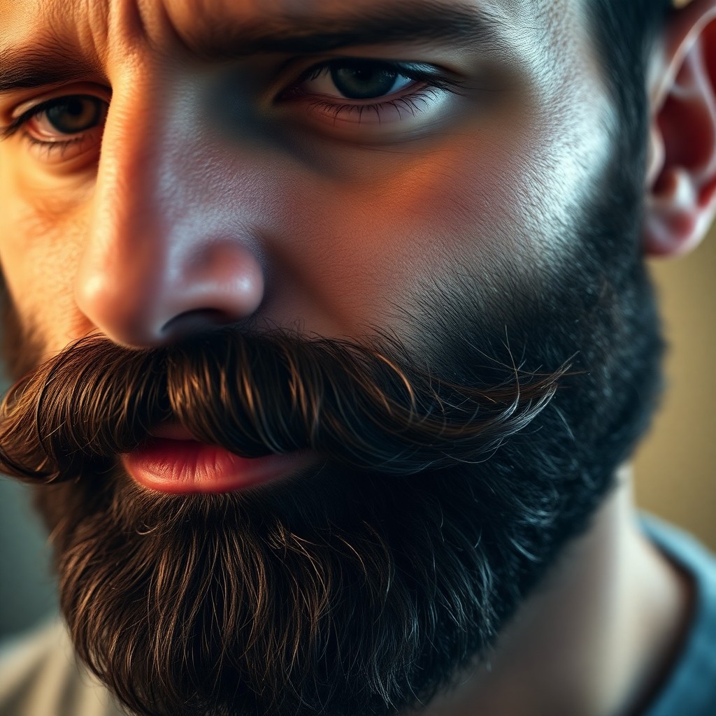 Makroaufnahme eines perfekt geformten, mit Bartöl gepflegten dunklen Vollbarts eines männlichen Kunden von COMBO Barber. Einzelne Haare, reiche Textur und glänzendes Bartöl im warmen Licht sichtbar.