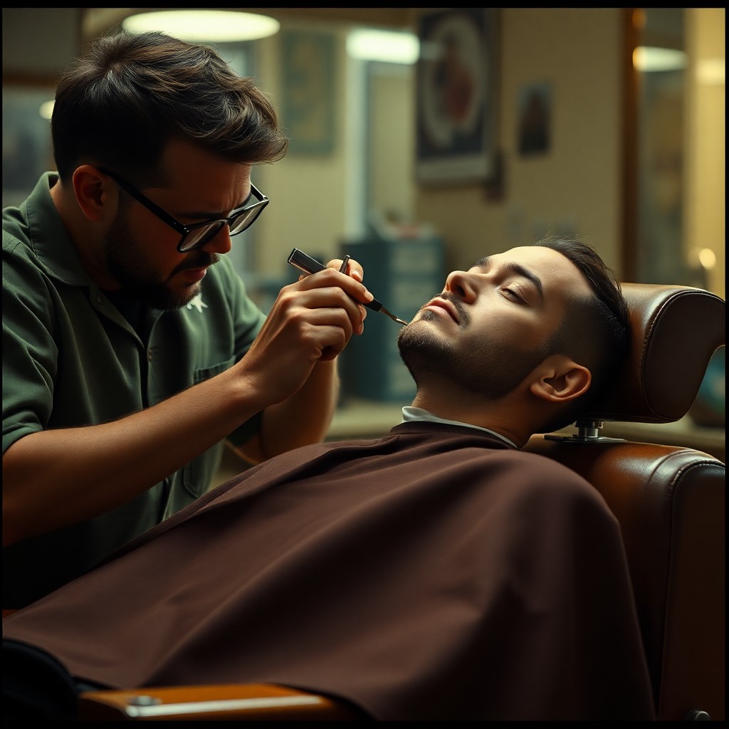 Der Barber von COMBO Barber Berlin benutzt ein klassisches Rasiermesser, um die Halskontur eines Kunden zu reinigen. Brauner Ledersessel, heißes Tuch, warme Atmosphäre – traditionelle Rasierkunst in Kreuzberg.