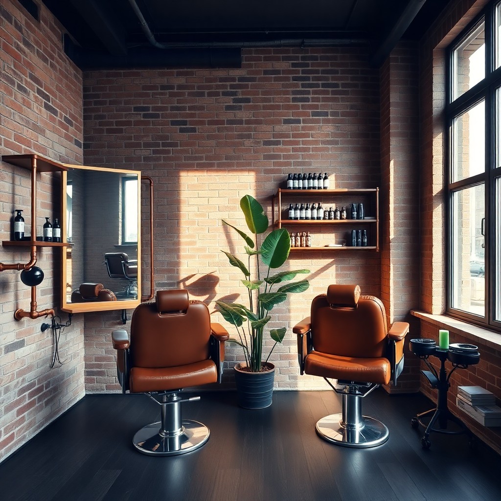 Weites Interieur Foto des minimalistischen COMBO Barbershops in der Oranienstraße 164, Berlin-Kreuzberg. Zwei Vintage-Ledersessel vor großen Messingspiegeln, Kupferregale mit Pflegeprodukten, Ziegelwand und weiches Morgenlicht.
