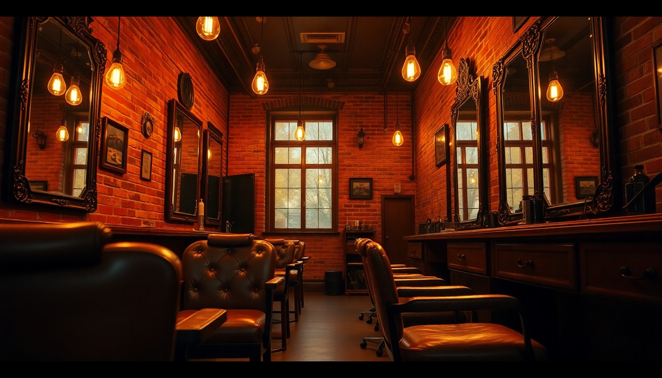 Stimmungsvolles Innere eines Barbershops in Berlin-Kreuzberg. Vintage Ledersessel mit Kupferdetails, große Spiegel in Messingrahmen, eine Wand aus sichtbarem roten Ziegelstein und warme, goldene Beleuchtung schaffen eine klassische, handwerkliche Atmosphäre bei COMBO Barber.
